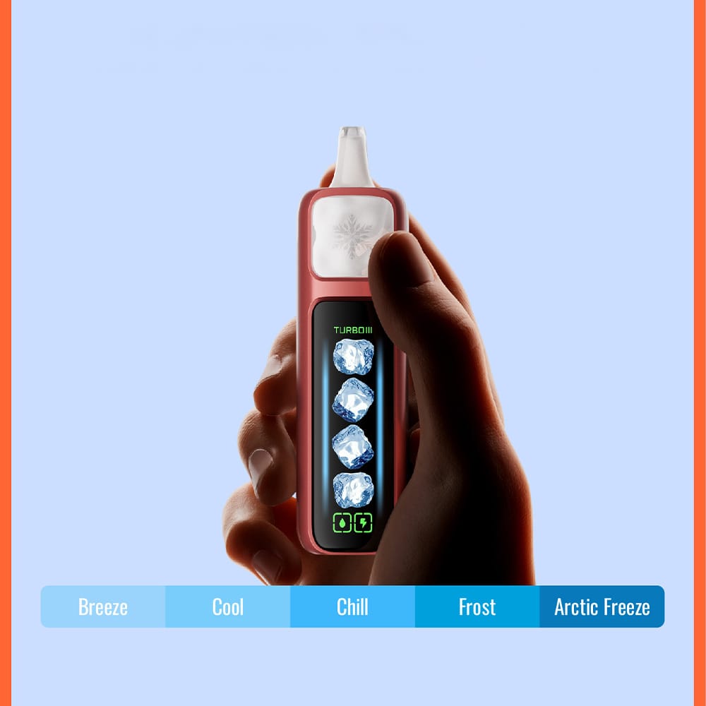 Adjust MyCool 40K vape showing adjustable ice intensity levels from breeze to arctic freeze