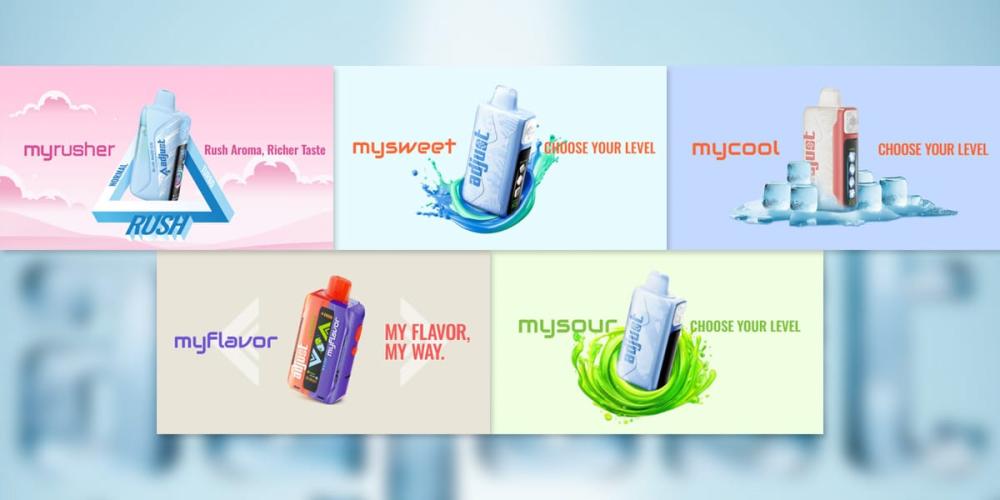 Adjust vape collection featuring myCool, mySour, myRush, mySweet and myFlavor disposable models