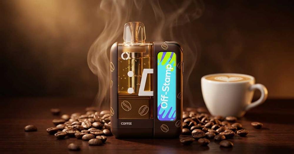 Off-Stamp X-Cube Crystal 35K disposable vape kit in Coffee flavor with colorful HD screen display, next to a latte cup with art, surrounded by roasted coffee beans and warm steam on a dark surface