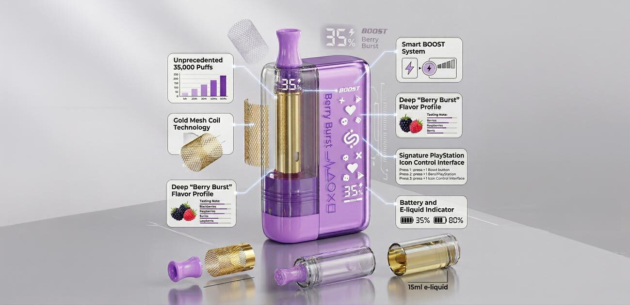 Chillax Psylo 35K disposable vape with gold mesh coil, smart boost system, and Berry Burst flavor