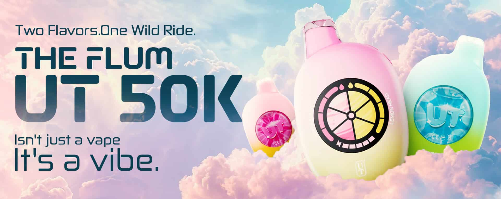 Flum UT 50K disposable vape devices featuring dual-flavor design, colorful gradient finishes, and high-capacity rechargeable performance.