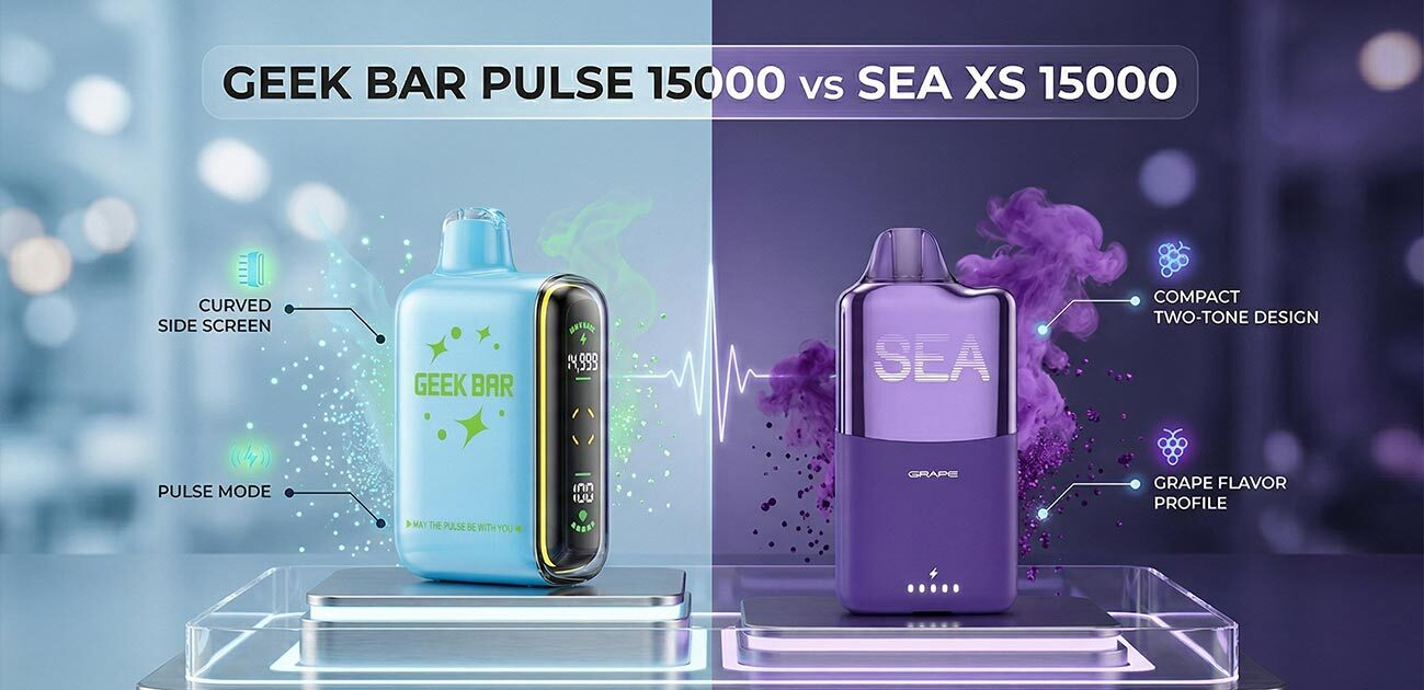 Geek Bar Pulse 15000 vs SEA XS 15000 comparison showing design, display, and flavor features