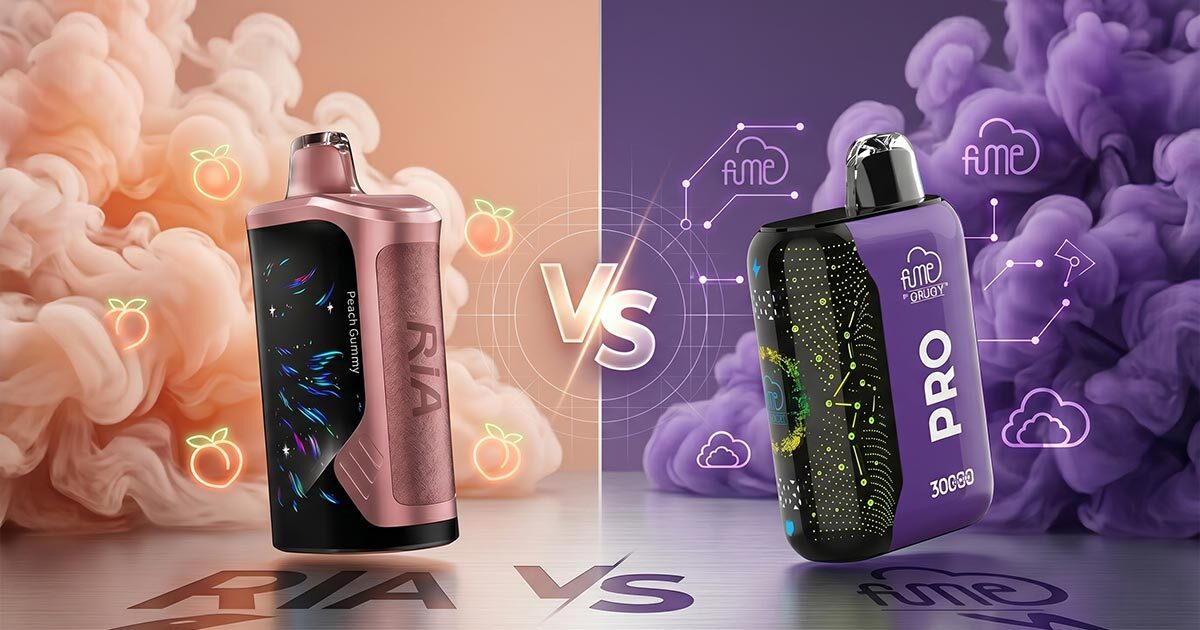 RIA NV30K vs Fume Pro 30K disposable vape comparison showing design, display, and flavor differences