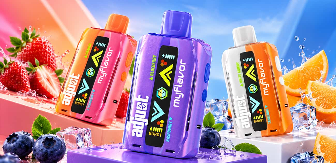 Adjust MyFlavor 40K review featuring colorful disposable vapes with adjustable flavor and burst settings.