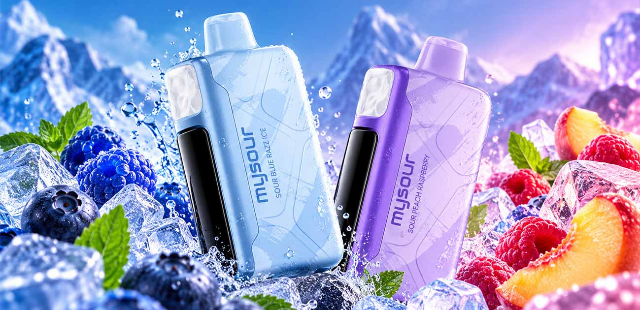 Adjust MySour 40K Review featuring Sour Blue Razz Ice and Sour Peach Raspberry disposable vapes with adjustable sourness dial.
