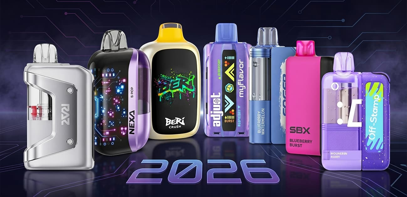 Collection of best disposable vapes for 2026 featuring Nexa, Beri Crush, Adjust MyFlavor, SBX, and Off-Stamp devices.