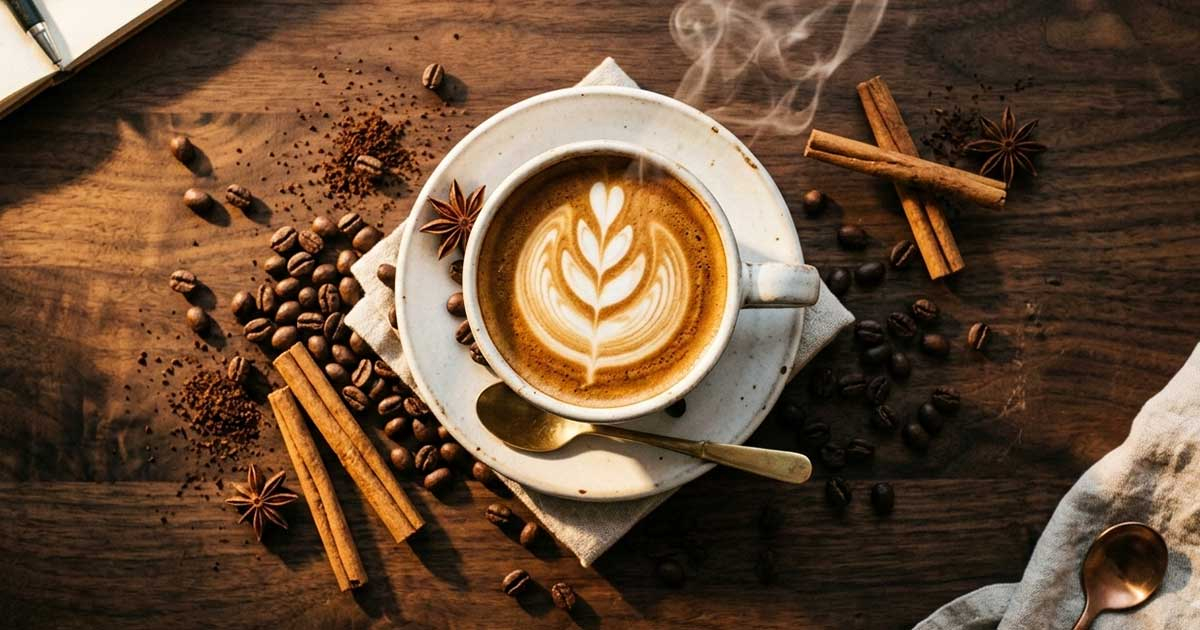 A warm overhead shot of a latte with leaf-shaped art in a white ceramic cup on a dark walnut table, surrounded by roasted coffee beans, cinnamon sticks, star anise, and rising steam — featured image for best coffee flavored vapes guide