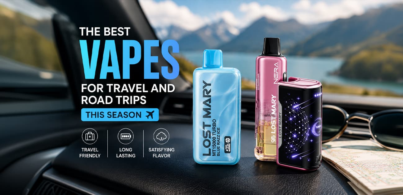 Travel-friendly disposable vapes from Lost Mary, NEXA, and Geek Bar displayed on a car dashboard with a scenic mountain road backdrop for a travel vape guide.