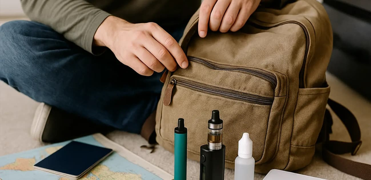 Traveler packing vape devices and e-liquid bottles into a backpack before air travel.