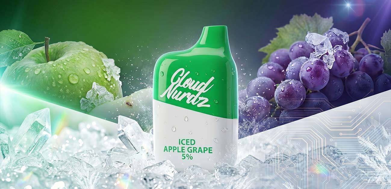 Cloud Nurdz 4500 disposable vape review featuring the Iced Apple Grape flavor with fresh apples, grapes, and cooling ice elements