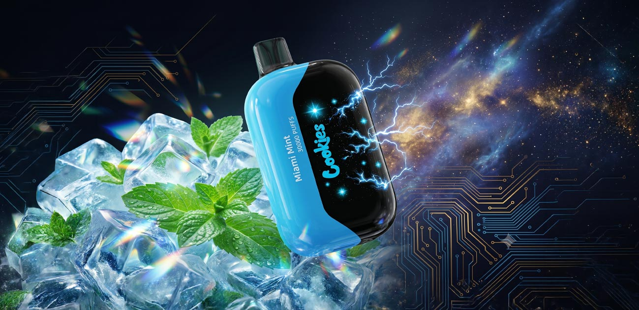 Cookies 30K disposable vape in Miami Mint flavor displayed with ice cubes and fresh mint leaves
