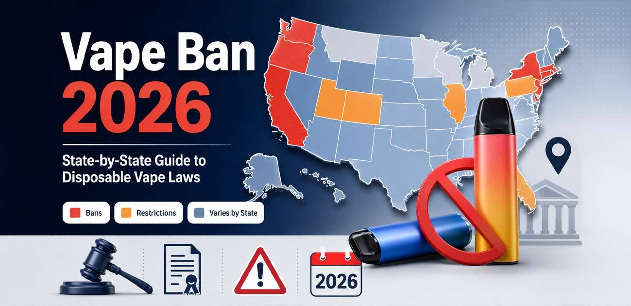 Map of the United States highlighting state-by-state disposable vape bans and restrictions in 2026 alongside a disposable vape device