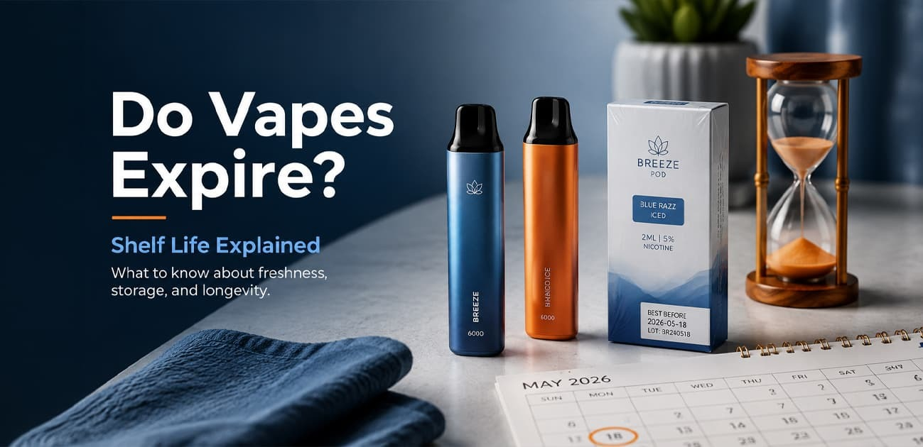Disposable vapes, vape packaging, and a calendar illustrating vape shelf life, expiration dates, proper storage, and product freshness.