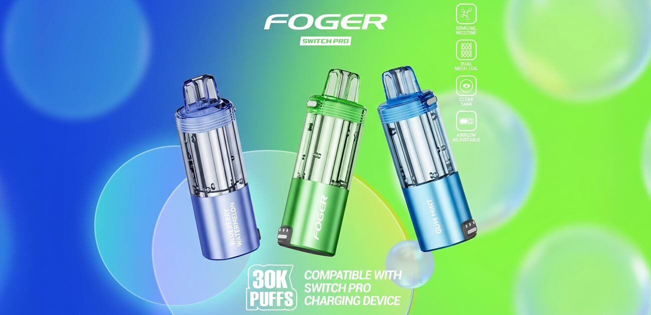 Foger Switch Pro 30K disposable vape devices with clear tank design, adjustable airflow, dual mesh coil, and up to 30,000 puffs review banner 