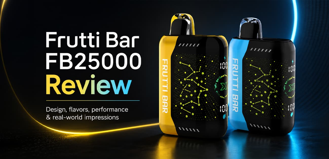 Frutti Bar FB25000 Review featuring a disposable vape with a smart display, dual power modes, rechargeable battery, and up to 25000 puffs.