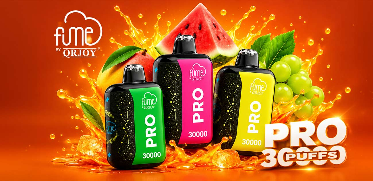Fume Pro 30K Review featuring three disposable vape devices with 30,000 puffs, dual vaping modes, a 22mL tank, and 17 flavors.
