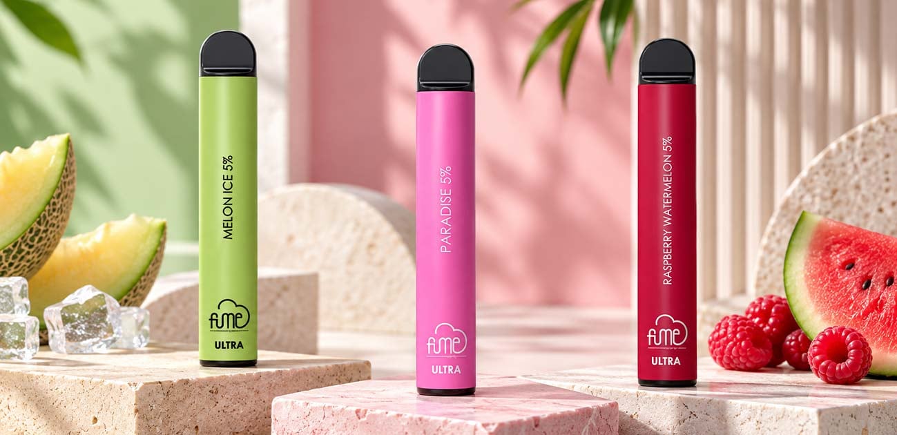 Fume Ultra review featuring Melon Ice, Paradise, and Raspberry Watermelon 5% disposable vape flavors.