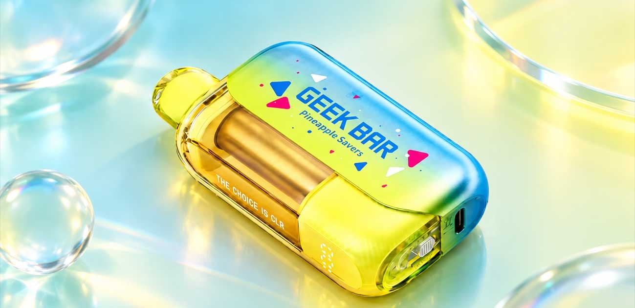 Geek Bar CLR 50K disposable vape with transparent tank showing the e-liquid level