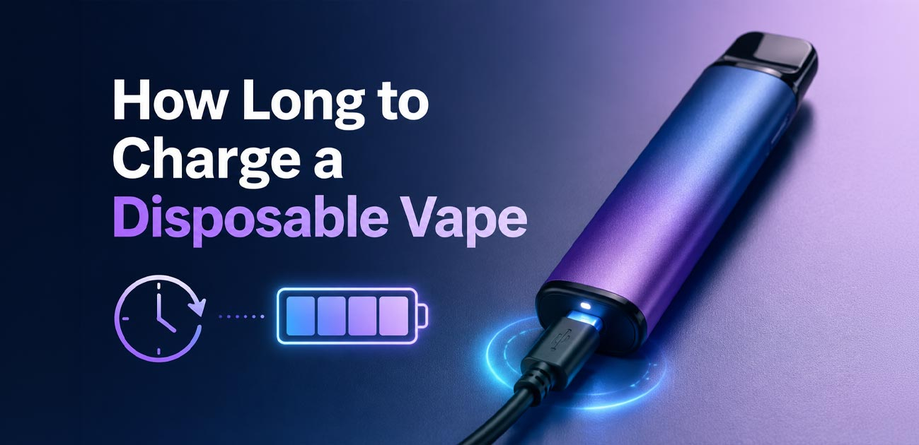 How long to charge a disposable vape with USB-C charging cable and battery indicator showing a typical rechargeable vape