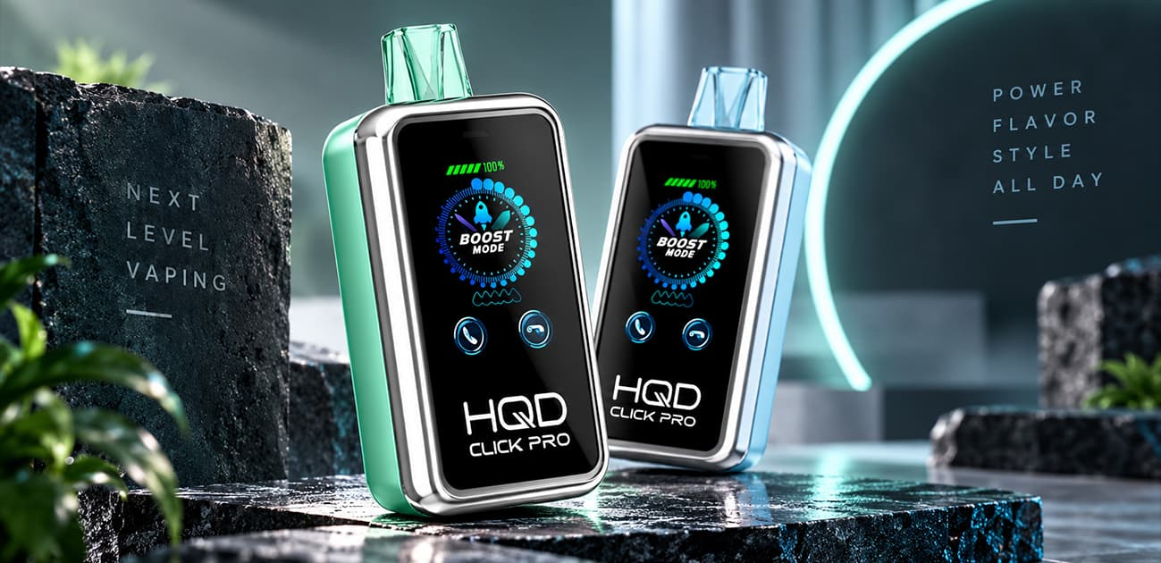 HQD Click Pro 30000 review featuring two disposable vapes with digital displays and Boost Mode.