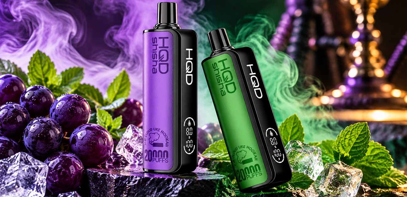 HQD Shisha 20K 3% disposable vape review featuring purple and green devices with 20,000 puffs and hookah-inspired flavors.