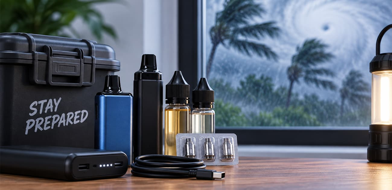 Hurricane season vaping guide with vape supplies, pods, e-liquid, power bank, and charging cable for storm preparation