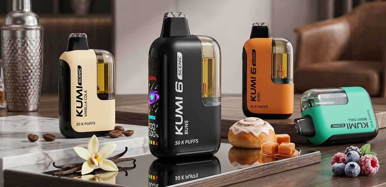 Kumi Scenic 50K disposable vape lineup assorted flavors vanilla cola buns berry chill with dessert background high puff vape device review