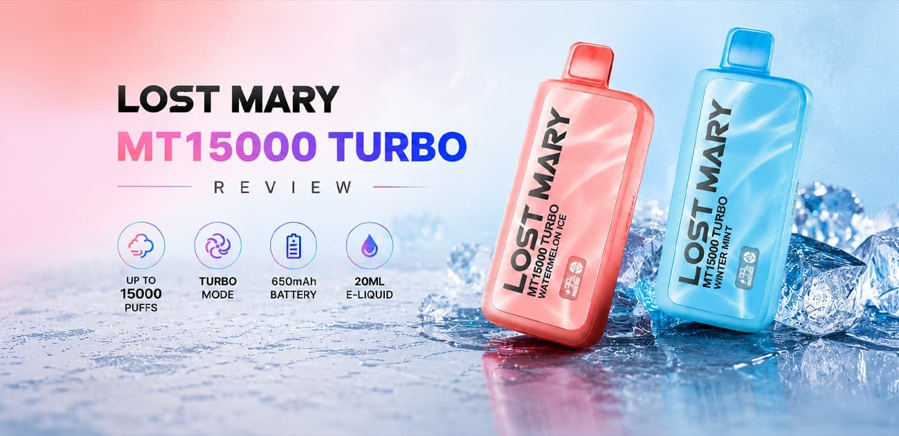 Lost Mary MT15000 Turbo review featuring 15,000 puffs, Turbo Mode, 650mAh battery, and 20mL e-liquid capacity.