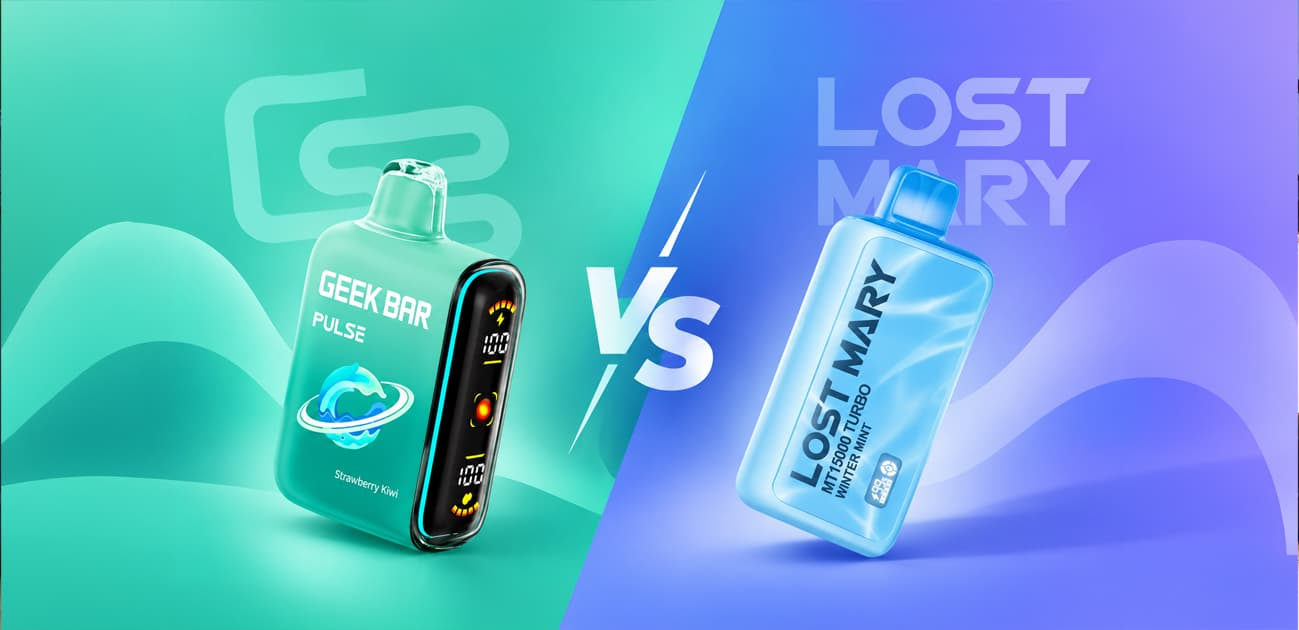 Lost Mary vs Geek Bar comparison featuring Lost Mary MT15000 Turbo and Geek Bar Pulse disposable vapes.