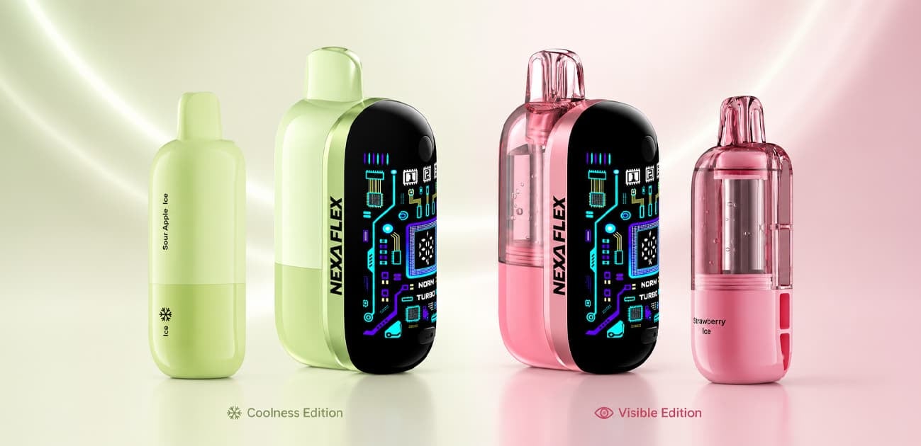 Nexa Flex Vape Review comparing the modular Coolness Edition and Visible Edition kits, pods, screens, and flavor-focused designs.