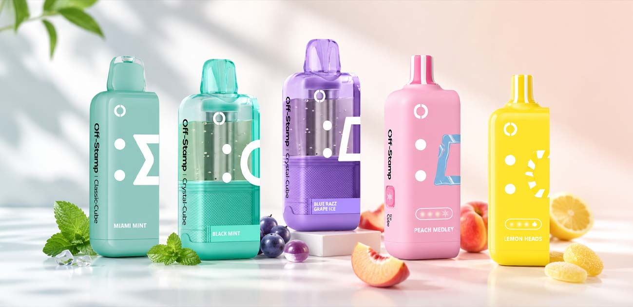 Off-Stamp X-Cube dock with Classic, Sweet and Ice Cube flavor pods showing the best Off-Stamp flavors of 2026