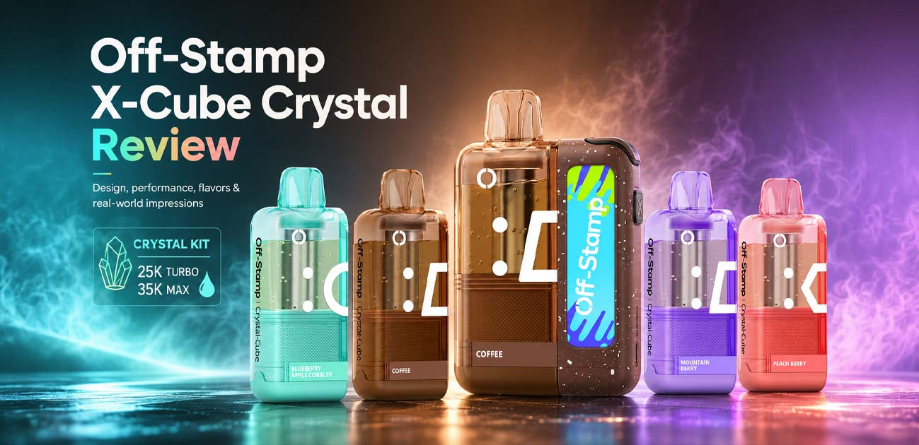 Off-Stamp X-Cube Crystal 35000 puff vape review showcasing the transparent modular design and flavor options