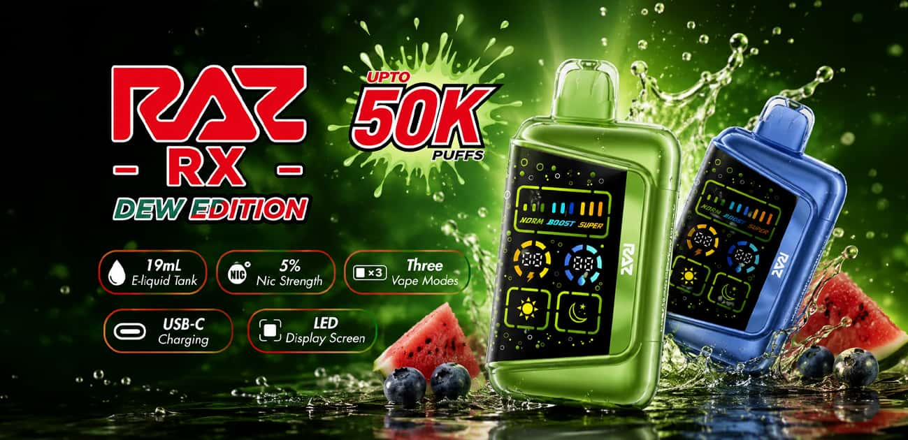 RAZ RX50K Dew Edition disposable vapes with 50K puffs, three vape modes, LED display, and USB-C charging.