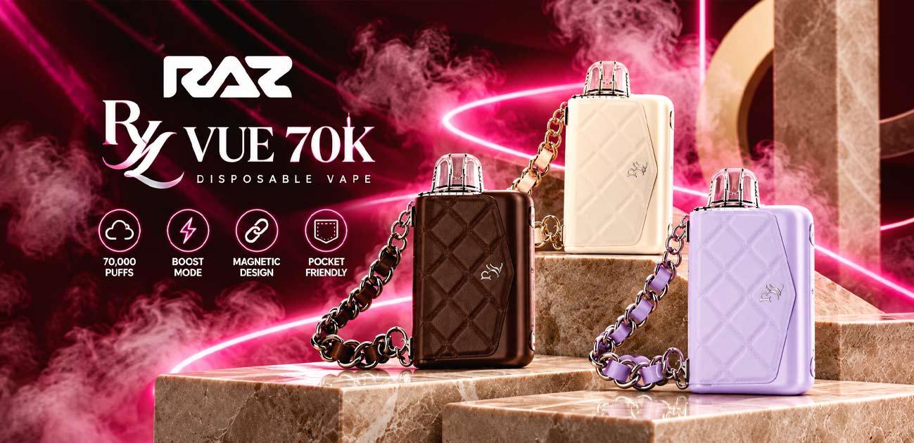 RAZ RYL VUE 70K Review featuring three wearable pod-swap vape kits with chain accessories, magnetic design, Boost Mode, and up to 70,000 puffs.