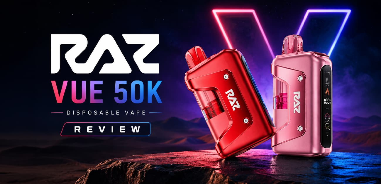 RAZ VUE 50K disposable vape review featuring red and pink rechargeable devices with a smart display, visible e-liquid chamber, and high-capacity design.