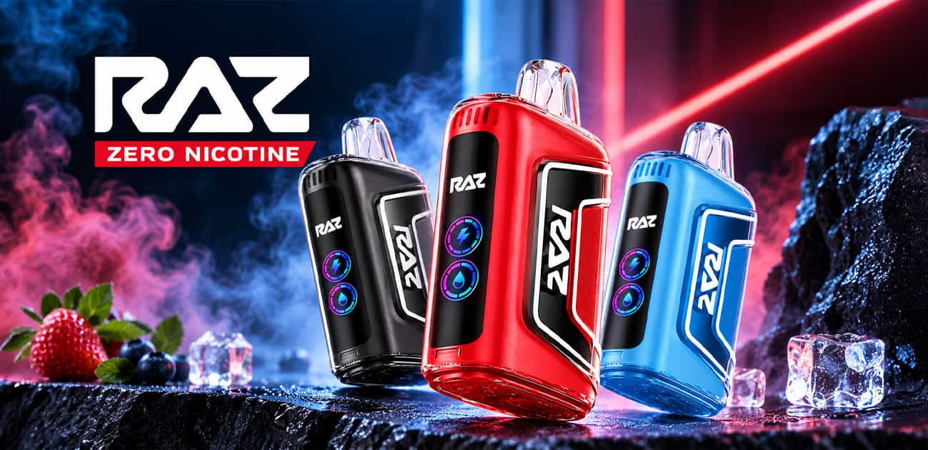 RAZ Zero Nicotine disposable vapes in black, red, and blue with digital displays and a bold neon background.