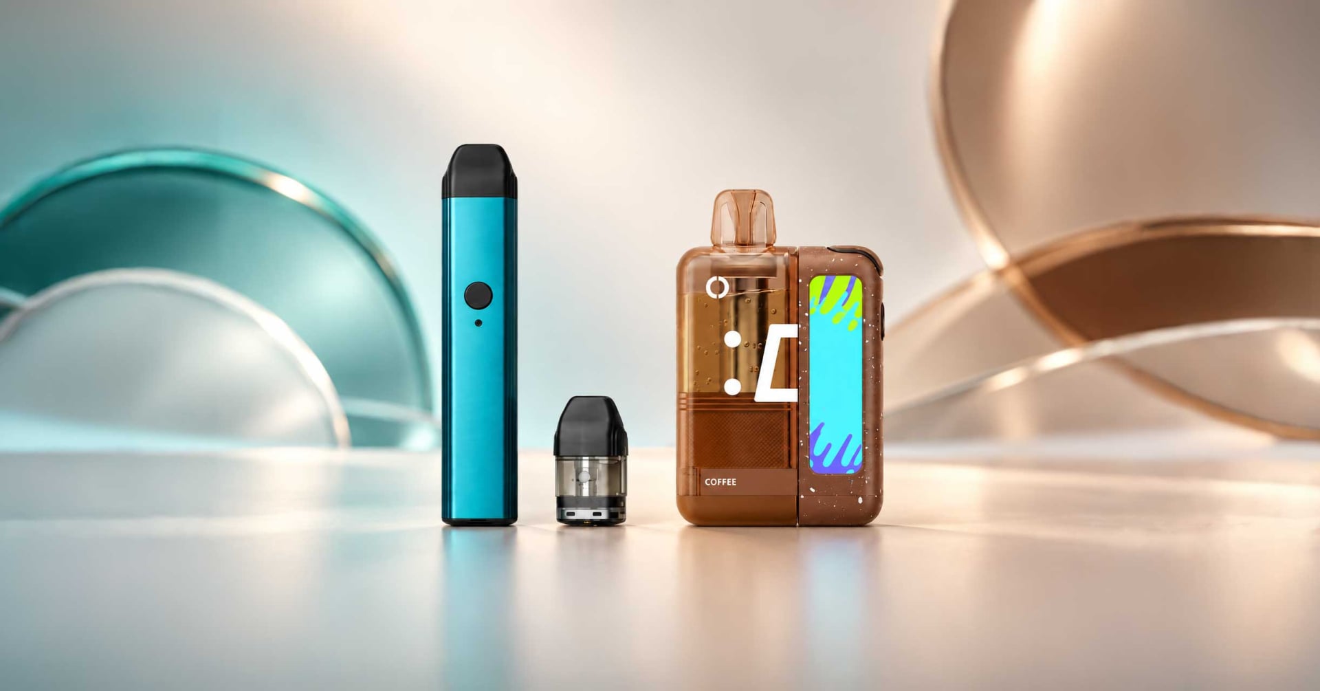 Refillable pod with an e-liquid bottle next to a sealed prefilled vape pod