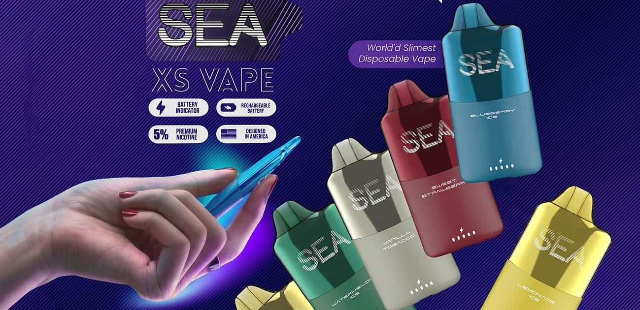 SEA XS 15000 disposable vape lineup featuring slim rechargeable devices with multiple flavors and compact portable design.