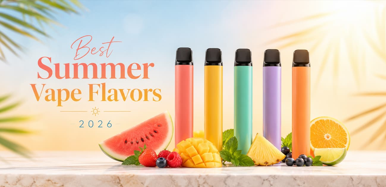 Best Summer Vape Flavors of 2026 featuring refreshing fruit, tropical, citrus, and icy disposable vape flavors for warm weather.