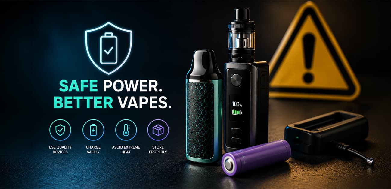 Vape battery safety guide covering safe charging, heat protection, quality devices, and proper battery storage.
