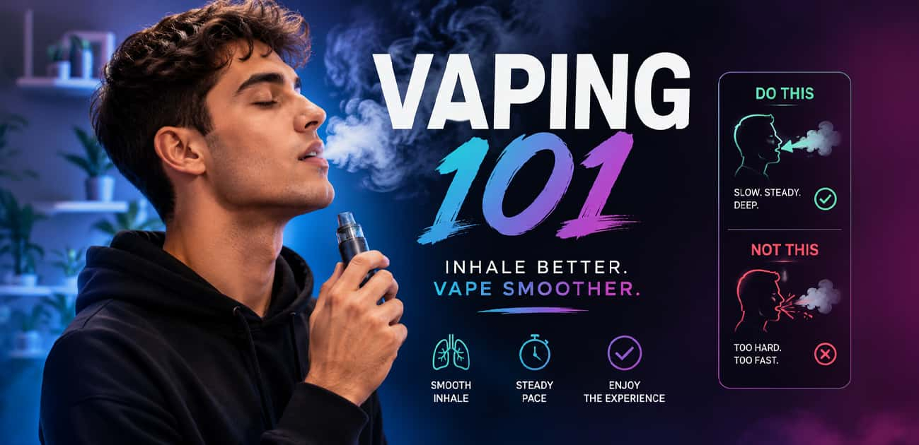 Vaping 101 guide showing proper inhale technique with slow, steady draws to help reduce coughing.