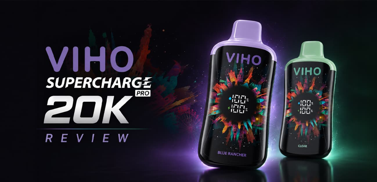 VIHO Supercharge Pro 20K review featuring a rechargeable disposable vape with a digital display, mesh coil, and up to 20000 puffs.
