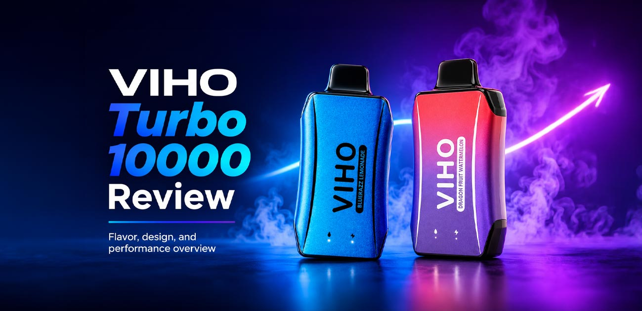 VIHO Turbo 10000 review featuring rechargeable disposable vapes with dual mesh coils, 10000 puffs, and bold fruit flavor options.