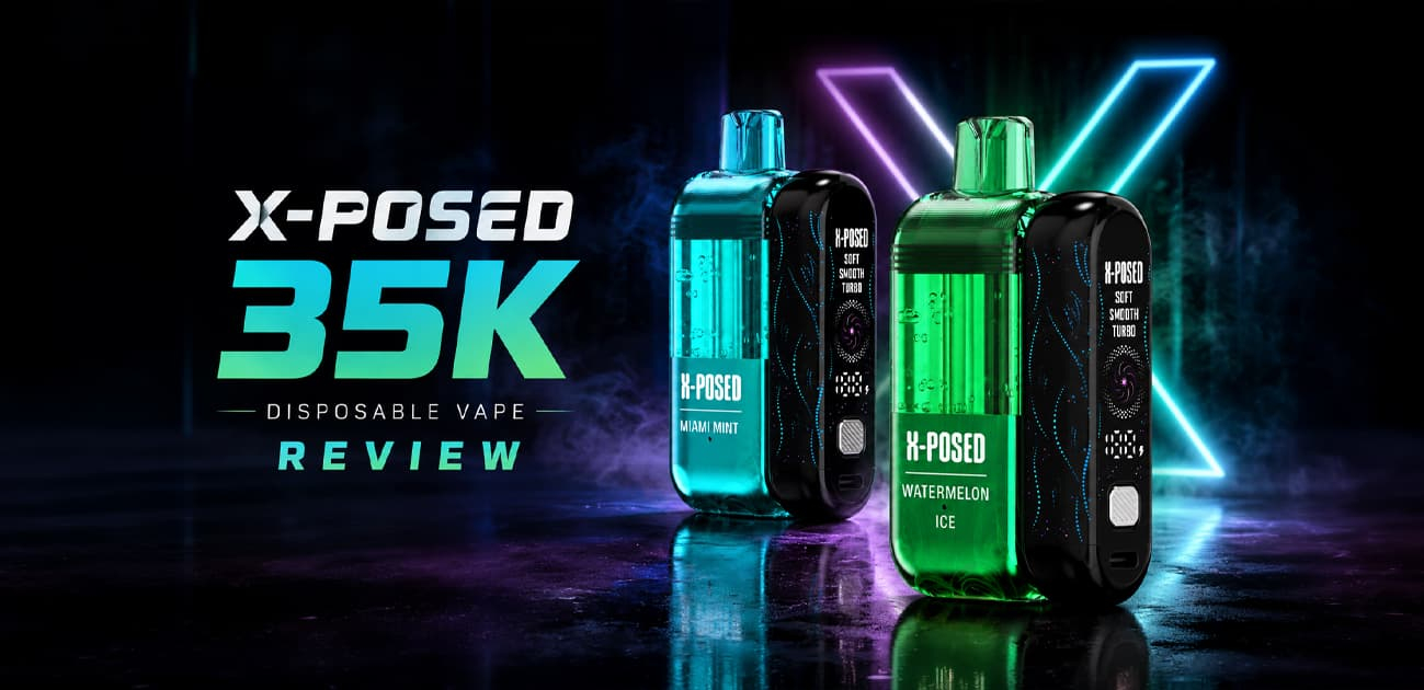 X-Posed 35K disposable vape review featuring Miami Mint and Watermelon Ice devices with a smart display, turbo mode, and rechargeable design.