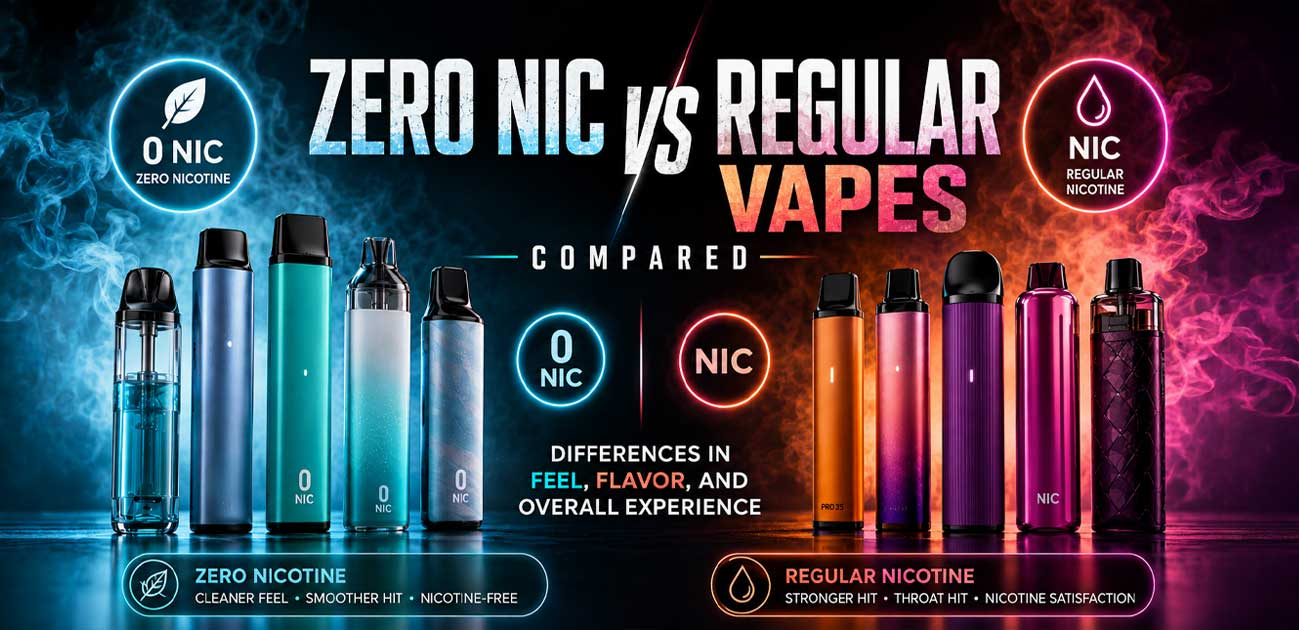 Zero nic vs regular vapes comparison showing nicotine-free and nicotine vape devices with key differences explained