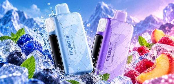 Adjust MySour 40K Review featuring Sour Blue Razz Ice and Sour Peach Raspberry disposable vapes with adjustable sourness dial.