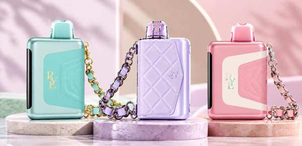RYL Vape Flavors guide featuring RYL Classic, Spring, and Winter Edition vape devices in pastel colors with stylish chain accessories.
