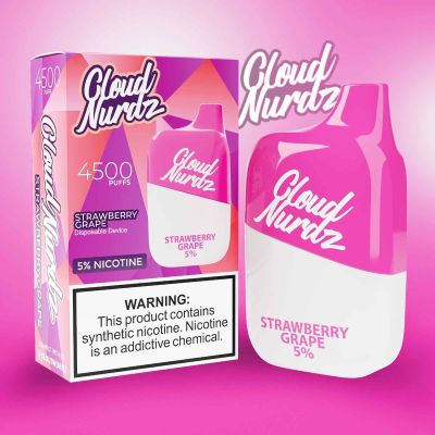 Cloud Nurdz 4500 disposable vape in Strawberry Grape flavor with compact design, 4500 puffs, and colorful retail packaging.