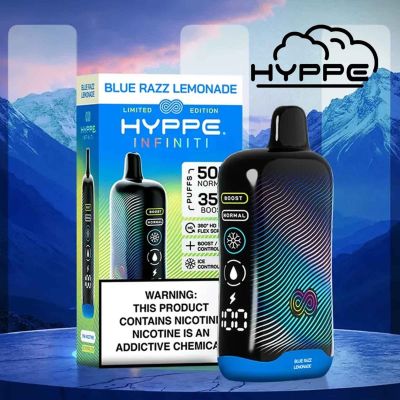 Hyppe Infiniti 50000 disposable vape featuring Blue Razz Lemonade flavor, full display screen, boost and normal modes, and up to 50K puffs
