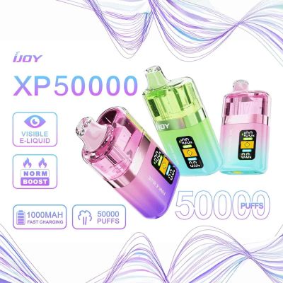 iJoy XP50000 Disposable Vape lineup with transparent tanks, colorful gradient designs, LED screen display, visible e-liquid, and 50,000 puff capacity icons  